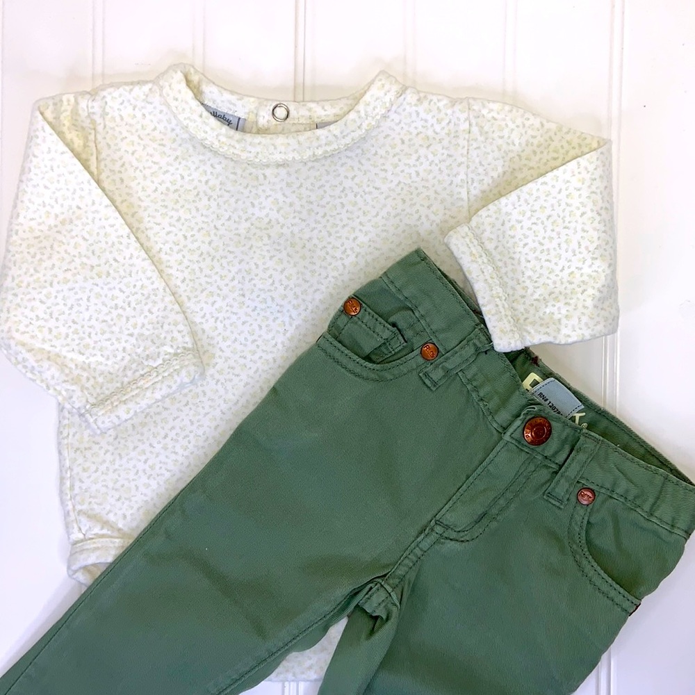 Peek Green Denim Jeans & Lullaby Club Long Sleeve Onesie Size 6-12M